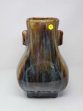 LARGE MULTI GLAZED ORIENTAL VASE SIGNED AND SCRIPT ON THE BOTTOM, 10 IN X 7 IN X 14 IN.