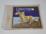 ANTIQUE UNICORN ADVERTISING LABEL, PROOF OF C.O.A., 11 IN X 10 IN.