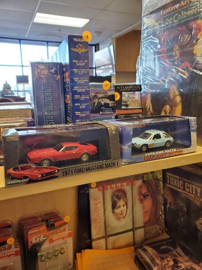 2 GREENLIGHT HOLLYWOOD MODEL CARS, 1971 FORD MUSTANG MACH 1, AND 1977 AMC PACER, 1:43 SCALE, PLEASE