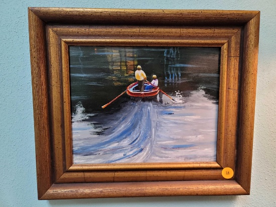 (RM1) VINTAGE SIGNED E.G. VASQUEZ OIL ON BOARD PAINTING DEPICTING TWO BOYS ROWING A BOAT, DISPLAYED