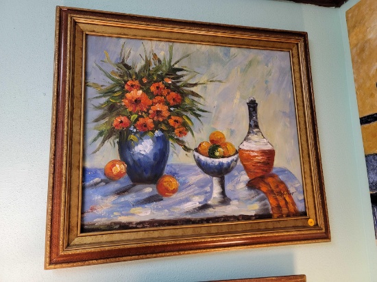 (RM1) FRAMED PAIINTING ON CANVAS OF A STILL LIFE FLORAL AND FRUIT SCENE. SIGNED BY THE ARTIST IN THE