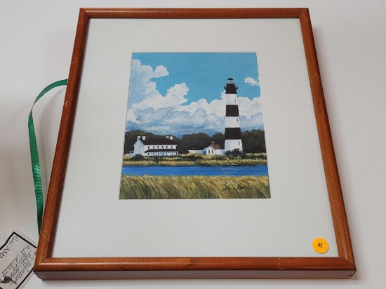 (RM1) LAURA GETZY SIGNED ACRYLIC BODIE ISLAND NC. LIGHTHOUSE SCENE PAINTING. DISPLAYED WOODEN FRAME