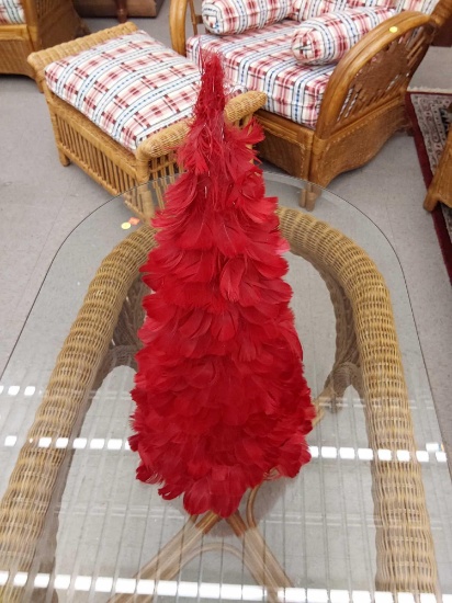 (R1) RED FEATHER TREE DECORATION FOR A TABLE, MEASUREMENTS ARE APPROXIMATELY 22 INCHES TALL.