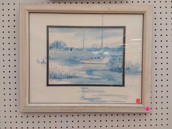 (R1) Signed Sarah Malin Be Calmed Sailboat Watercolor Lithograph Print In a Wooden frame