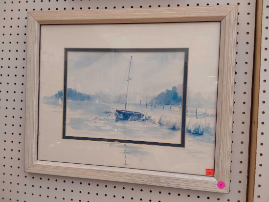(R1) Signed Sarah Malin Sailboat Watercolor Lithograph Print In a Wooden frame 23" x 18.5" tall