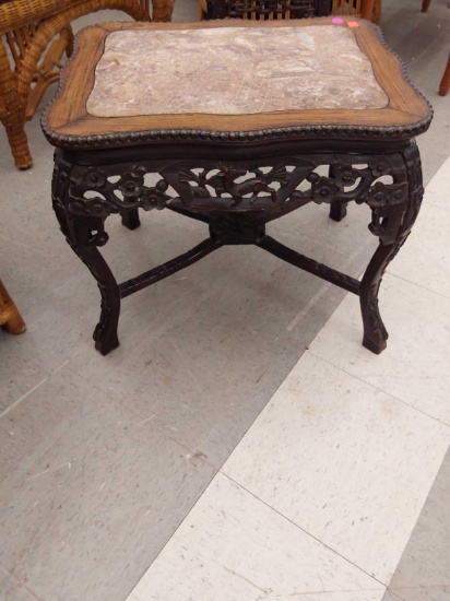 (R1) Teak Wood Chinese Carving Table with Inlaid Marble Top