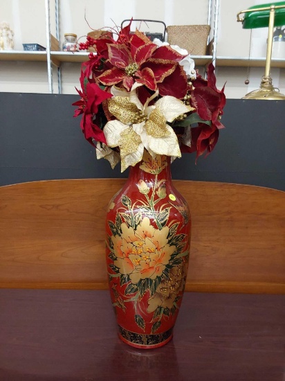 (R1) LARGE RED VASE WITH A FLORAL PATTERN ON IT, MEASUREMENTS ARE APPROXIMATELY 23 INCHES TALL.