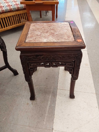 (R1) Teak Wood Chinese Carving Table with Inlaid Marble Top, Measurements are Approximately 13 1/2