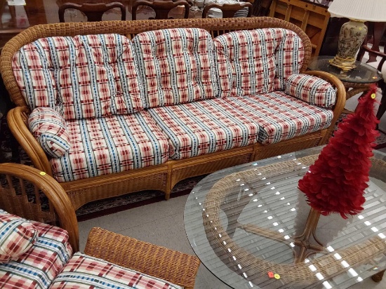 (R1) PATIO WICKER SOFA WITH CUSHIONS, MEASUREMENTS ARE APPROXIMATELY 84 IN X 34 IN.