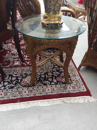 (R1) ONE OF A PAIR PATIO WICKER AND GLASS SIDE TABLE,THE GLASS IS BEVELED