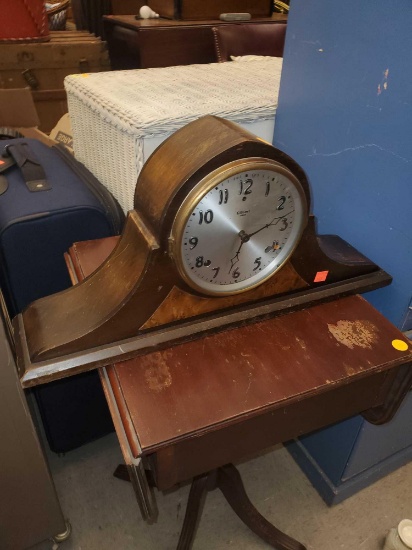 ANTIQUE GILBERT 1807 INLAYED WOOD CASE MANTLE CLOCK, TICKING, NO KEY, SOME SCRATCHES AND BLEMISHES,