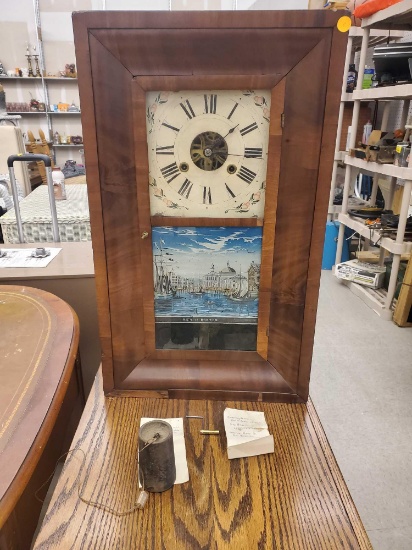 ANTIQUE OG WOOD CASE WALL CLOCK, REVERSE PAINTED SCENE OF BOSTON HARBOR TITLED "VIEW IN BOSTON",