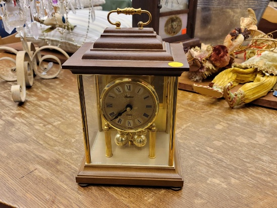 BUCHERER QUARTS ANNIVERSARY CLOCK, WOOD AND GLASS CASE, 6 1/2"L 5"W 9 3/4"H, PLEASE SEE THE PICTURES