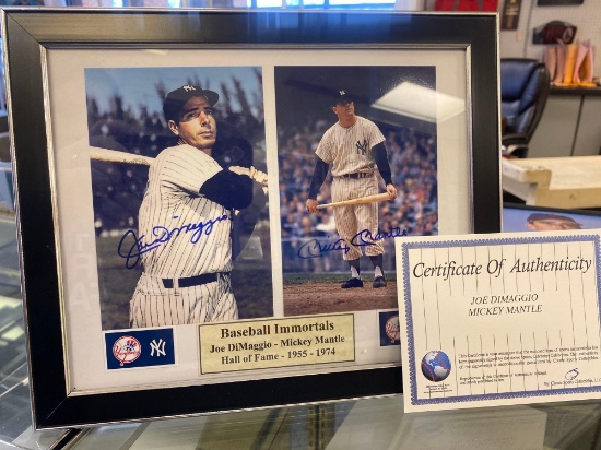 FRAMED AUTOGRAPHED PHOTOS OF NEW YORK YANKEES PLAYERS JOE DIMAGGIO AND MICKEY MANTLE HALL OF FAME -