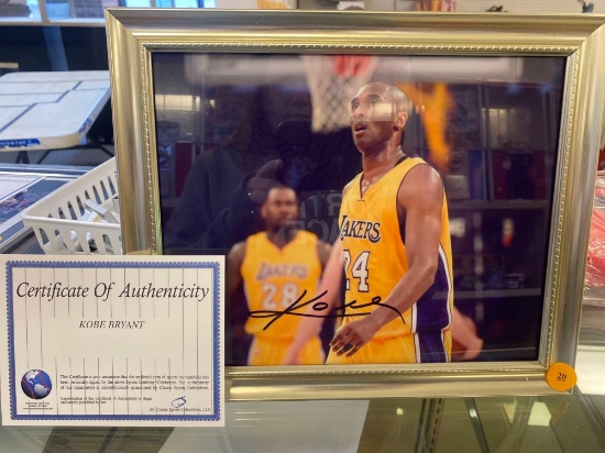 FRAMED AUTOGRAPHED PHOTO OF LAKERS BASKETBALL PLAYER KOBE BRYANT #24, PHOTO COMES WITH CERTIFICATE