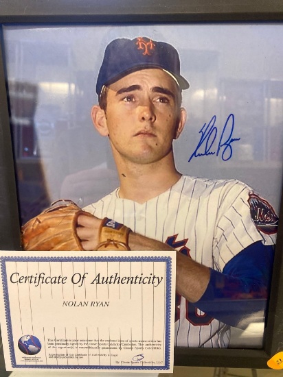 FRAMED AND AUTOGRAPHED PHOTO OF PITCHER NOLAN RYAN FOR THE METS, IT COMES WITH A CERTIFICATE OF