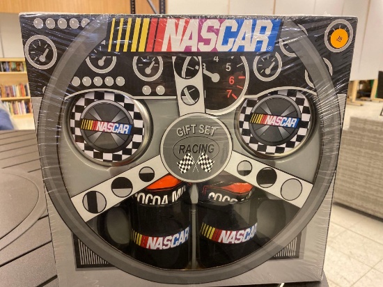 NASCAR RACING GIFT SET BOX TO INCLUDE TWO NASCAR LOGO MUGS, TWO COCOA MIX PACKETS, & TWO TINS OF