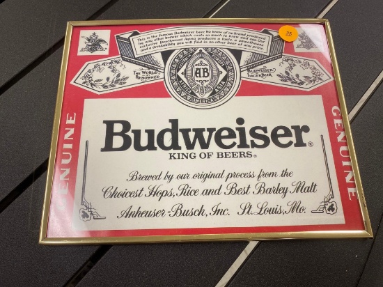 GOLD TONE FRAMED BUDWEISER KING OF BEERS ADVERTISEMENT MEASUREMENT IS APPROXIMATELY 10 in x 8 in.