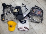 LOT OF TWO PLASTIC CLEAR NASCAR BACKPACKS ONE OF THE TWO INCLUDES OFFICIAL NASCAR MEMBER ITEMS