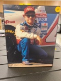 WALL HANGING WOODEN PLAQUE OF NASCAR DRIVER MARK MARTIN KNEELING DOWN BESIDE HIS STOCK CAR