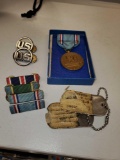 BOX OF MISC MILITARY METALS, GOOD CONDUCT, AF, PENDANT, PENDANT RIBBON & SERVICE RIBBON, DOG TAGS,