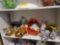 SHELF LOT OF ASSORTED TOYS. INCLUDES LADY AND THE TRAMP PLUSH ANIMALS, ART GLASS VASE, 