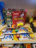 LOT OF ASSORTED TOYS. INCLUDES: LAP LEADERS DIE CAST CARS, COCA-COLA DELIVERY VEHICLE, NFL RACING