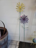 LOT OF 2 BENCHMADE SILVERWARE CRAFTED METAL FLOWER LAWN DECORATIONS. ONE YELLOW FLOWER AND ONE