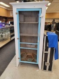 WHITE SINGLE DOOR CABINET WITH SCREENED FRONT AND SIDES. DOOR IS PAINTED LIGHT BLUE. HAS 4 SHELCES.