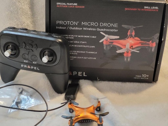 PROTON MICRO DRONE. INDOOR/OUTDOOR WIRELESS QUADROCOPTER. IS SOLD AS IS WHERE IS WITH NO GUARANTEES