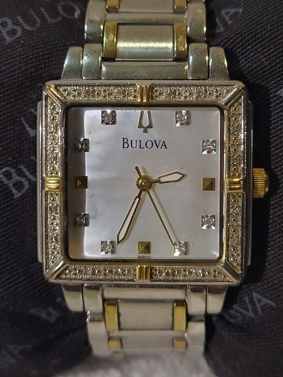 BULOVA WOMEN'S 98R112 DIAMOND ACCENTED TWO-TONE STAINLESS STEEL BRACELET WATCH. COMES WITH EXTRA