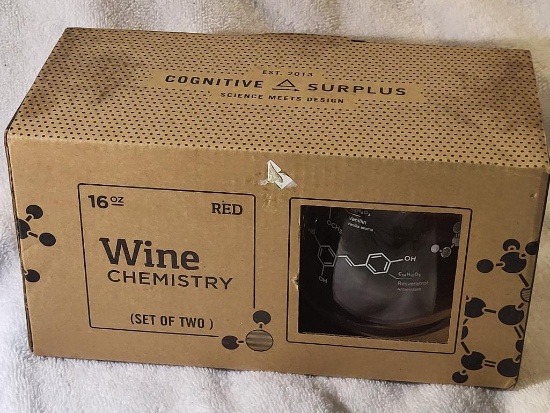 BRAND NEW WINE CHEMISTRY SET OF 2 160Z WINE GLASSES. IS SOLD AS IS WHERE IS WITH NO GUARANTEES OR