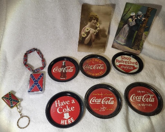 MISC. LOT. LOT INCLUDES COCA-COLA COASTERS, CONFEDERATE KEYCHAIN, LIGHTER, BRACELET AND VINTAGE