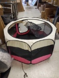 OCTAGONAL PINK AND WHITE MESH PET ENCLOSURE FOR SMALL TO MEDIUM ANIMALS, DOOR HAS A TEAR IN THE