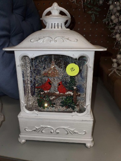 ILLUMINATED WHITE SNOWGLOBE, 2 CARDINALS ON A FENCE, 9"H 5 1/2"L 3 1/4"H, PLEASE SEE THE PICTURES