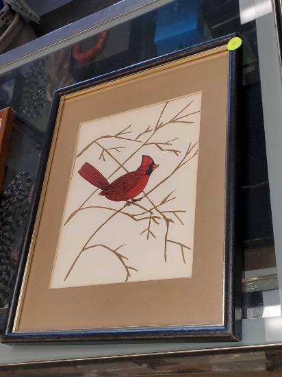 FRAMED AMD MATTED PRINT, CARDINAL AT REST ON A BRANCH, 11 3/4"L 14 7/8"W