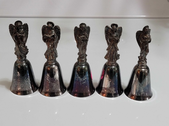 (KIT) LOT OF (5) REED & BARTON SILVER-PLATE ANGEL BELLS. THEY MEASURE APPROX. 4" TALL. MARKED ON THE