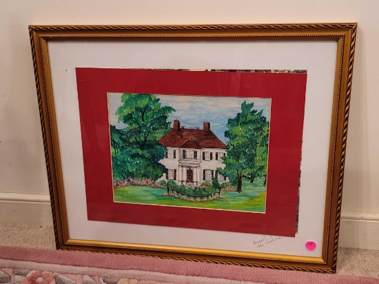 (DR) FRAMED & MATTED PAINTING OF A OLDER WHITE HOUSE SURROUNDED BY TREES. SIGNED BY THE ARTIST