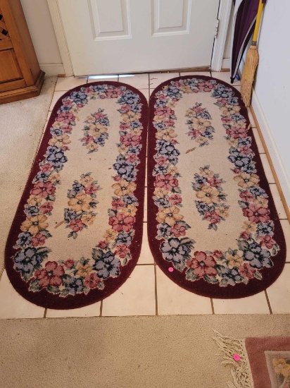 (LR) LOT OF 2 OVAL SHAPED BURGUNDY, CREAM AND BLUE FLORAL RUNNERS. MACHINE MADE. EACH MEASURES