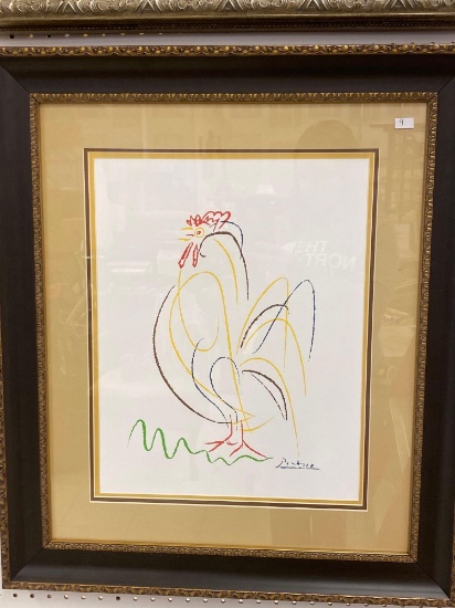 Framed Vintage Pablo Picasso "Le Coq" The Rooster Screen Print Reproduction, Triple Matte Measuring