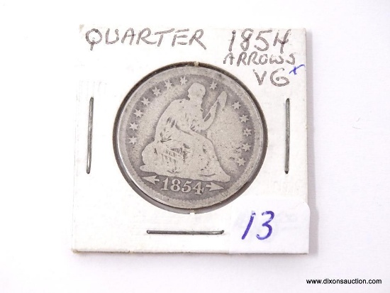 1854 LIBERTY SEATED QUARTER, ARROWS VG+