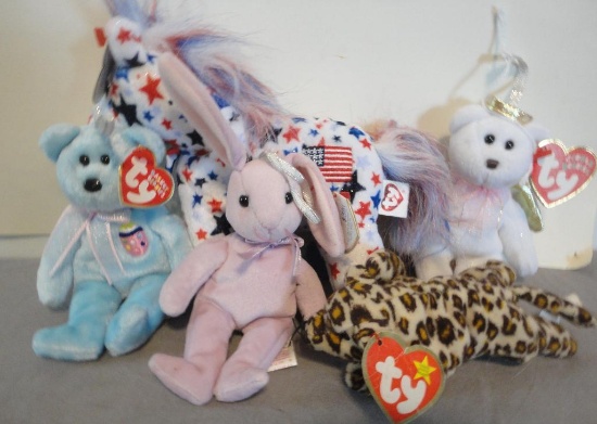 LOT OF 5 ASSORTED TY BEANIE BABIES ALL ITEMS ARE SOLD AS IS, WHERE IS, WITH NO GUARANTEE OR