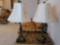 (LR) PAIR OF MODERN BRONZE TONED CANDLE STICK STYLE LAMPS WITH A GLASS BALL MIDDLE, DETAILED CLOTH