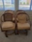 (SUNRM) SET OF 4 ROLLING WOODEN CHAIRS WITH WOVEN BACKS. YELLOW AND RED UPHOLSTERED SEAT AND BACK