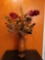 (HBATH) DECORATIVE COPPER TONED TWO HANDLED FLOWER VASE WITH FAUX. FLOWERS. THE VASE MEASURES
