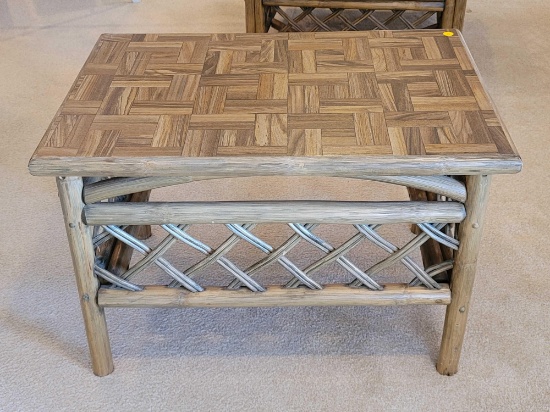 (LR) VINTAGE RATTAN END TABLE WITH WOVEN RATTAN SIDES & BACK/FRONT. IT MEASURES APPROX. 28"L X 20"W