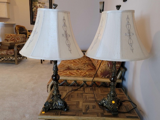 (LR) PAIR OF MODERN BRONZE TONED CANDLE STICK STYLE LAMPS WITH A GLASS BALL MIDDLE, DETAILED CLOTH