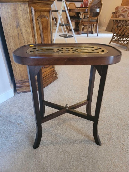 (LR) J.T. IMPORTS SMALL SMOKING STAND/TABLE. INSET BRASS IN CENTER. HAS BURNED MAKERS MARK ON