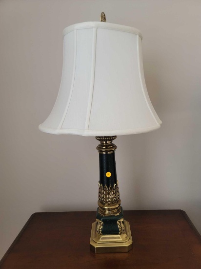 (MBR) PAIR OF BLUE AND BRASS TONED TABLE LAMPS WITH LEAF DETAILING AND SQUARE BASE. WHITE LINEN