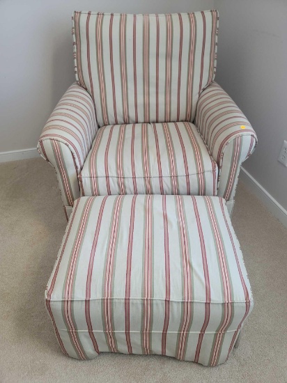 (MBR) RED AND WHITE UPHOLSTERED STRIPED ROCKING SWIVEL ARM CHAIR WITH OTTOMAN. MEASURES APPROX 34"